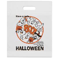 12 W x 14-7/8 H x 3 - Hallowen Theme - Ghost White Plastic Tote Bags - 2.5 mil. orange plastic bag with fold-over die cut handles and bottom gusset. Stock designs feature educational safety tips.Add your custom imprint to the opposite side of the bag.