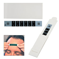 Reusable Forehead Thermometer - This reusable thermometer meets FDA requirements and has a iquid crystal display that stops at cor temperature for a quick and easy reading. Use indoor and at room temperature. Avoid taking temperature in direct sunlight. Bulk thermometers are shipped in sheets.
