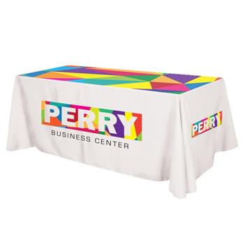 Flat All Over Dye Sub Table Cover - 3-sided, fits 8' table - Made Of 100% Premium Quality Polyester (5 Oz. /Sq. Yard) | Fits Table Size: 96" W x 29" H x 30" D | Covers Three Sides Of A 8 Foot Standard Table With Open Back | Only Available On White Polyester Base Color Table Cover | Rounded Corners | Washable | Flame Retardant NFPA 701 Standard | Easy To Store And Ship