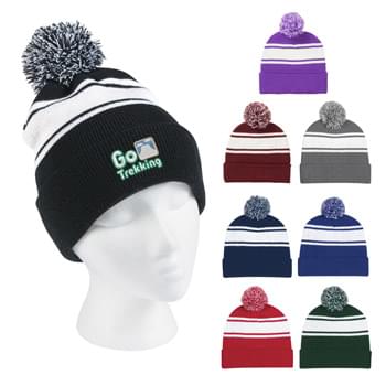 Two-Tone Knit Pom Beanie With Cuff - 100% Acrylic | One Size Fits All | Comes In 8 Great Colors!