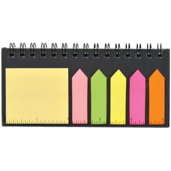 Multi-Use Desk Set - Sticky Flags In 5 Neon Colors | Sticky Notes | 40 Page Lined Notebook | 5" Ruler On Cover