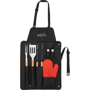 BBQ Now Apron and 3 piece BBQ Set - The all in one BBQ Kit Includes an apron, spatula, fork, tongs,oven mitt, and a salt & pepper shaker. These are the essentials to have a successful BBQ. Adjustable back and neck strap allow the apron to be adjusted for a comfortable day in front of the grill.