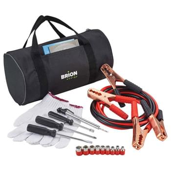 Highway Emergency Set - Emergencies can happen when they are least expected.  Be prepared with this 7-piece highway emergency set.  This set includes slotted and Phillips screwdrivers, one pair of gloves, jumper cables, socket set, socket driver and tire gauge, all packaged in a convenient duffel bag.  The duffel bag has two strips of velco on the bottom on the bag, for easy attachment to the carpet in the truck of a car, to help keep the bag stationary during driving conditions.
