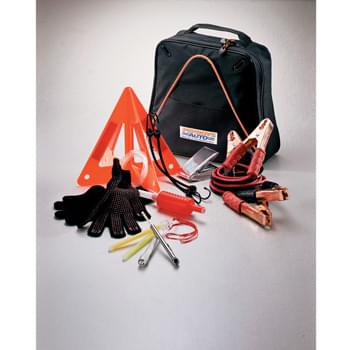 Highway Companion Gift Set - Provide safety and peace-of-mind when on the road. This 12-piece set includes 300-amp jumper cables, warning triangle, gas siphon, Mylar blanket for staying warm, two bungee cords, two glow sticks, a pair of gloves with rubber grips, flashlight (two AAA batteries included), 50 PSI tire gauge, and carrying case with organizational pockets for securing the contents.