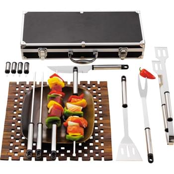 Grill Master Set - Associate your brand with a favorite American pastime — cooking out. This 13-piece BBQ set includes everything needed to be king or queen of the backyard grill — spatula, tongs, knife, fork, four skewers, and four corn holders, all in an aluminum case.