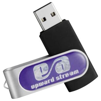 Domeable Rotate Flash Drive 1GB - Flash drive folds into a protective aluminum cover. RoHS compliant. Domed decorating method provides logo pop. Plug and play technology on Windows XP or above and Mac OSX or higher.