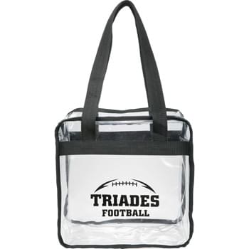 Game Day Clear Zippered Safety Tote - As part of  Game Day Collection, this clear tote is perfect for fans packing their stadium and event day items safely. Also great for workplace safety. Zippered main compartment. Dual carry handles with 10" handle drop height. Note that if the bag is being carried into an NFL stadium, the NFL requires that logo sizes do not exceed 4.5" tall by 3.4" wide.