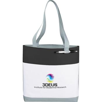 Great White Convention Tote - Part of the Split Decision Trend Collection. Fresh budget tote style for tradeshows, conventions, and business meetings features refreshing hues and the popular color dip trend. Open main compartment. Pen loop. 12" handle drop height.