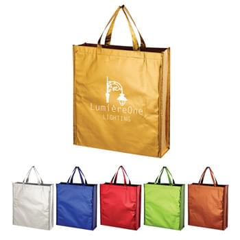 Metallic Non-Woven Shopper Tote Bag - CLOSEOUT! Please call to confirm inventory available prior to placing your order!<br />Made Of 80 Gram Laminated Non-Woven, Coated Water-Resistant Polypropylene | Great For Grocery Stores, Markets, Book Stores, Gift Bags, Etc. | Reusable | Recyclable | 15 1/2" Handles | Spot Clean/Air Dry