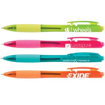 Tryit Bright - Vibrant translucent barrels in eye-catching brights. Hourglass barrel and ribbed grip for writing comfort. Unique clip activated retraction. "HUB" branded clip and smooth blue writing ink.
