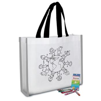 Reflective Coloring Tote Bag With Crayons - Create Your Custom Coloring Bag Design Or Choose From Our Stock Designs! | Made Of 80 Gram Non-Woven, Coated Water-Resistant Polypropylene | Made With Up To 20% Post-Industrial Recycled Material | Includes 6-Pack Of Crayons. Crayon Colors Include Blue, Brown, Green, Orange, Pink And Red | Patented Reflective Piping Accents | 3 4/5" Gusset | 15" Handles | Spot Clean/Air Dry