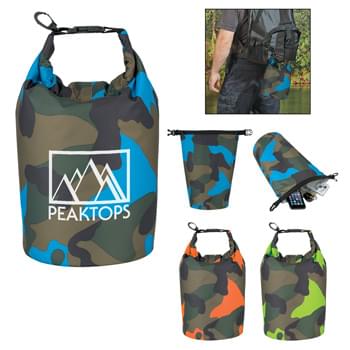 Camo Waterproof Dry Bag - Made Of 210T Ripstop Polyester With PVC Backing   |  5 Liter   | Roll Top Closure With Clip For Snapping Onto Belts Or Other Bags   |  Floats If Dropped In The Water   | Perfect For Keeping Your Contents Dry And Safe  |  Spot Clean/Air Dry