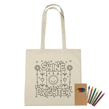 100% Cotton Coloring Tote Bag With Crayons - Create Your Custom Coloring Bag Design Or Choose From Our Stock Designs! | Made Of 4 Oz. 100% Natural Cotton | 30" Handles | Includes 6-Pack Of Crayons. Crayon Colors Include Black, Blue, Green, Orange, Red And Yellow | Spot Clean/Air Dry