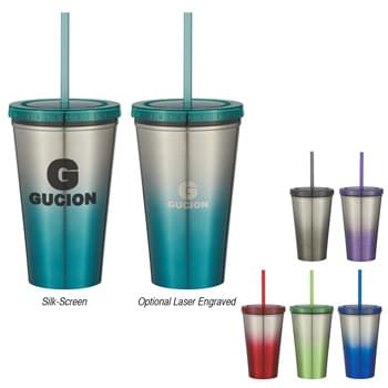 16 Oz. Stainless Steel Double Wall Chroma Tumbler With Straw - Double Wall Construction For Insulation Of Hot Or Cold Liquids | Plastic Inner Liner | Comes With 9" Matching Straw | Meets FDA Requirements | BPA Free | Hand Wash Recommended