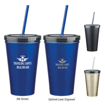 16 Oz. Stainless Steel Double Wall Tumbler With Straw - Double Wall Construction For Insulation Of Hot Or Cold Liquids | Plastic Inner Liner | Comes With 9" Matching Straw | Meets FDA Requirements | BPA Free | Hand Wash Recommended