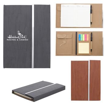 5" x 7" Woodgrain Padfolio With Sticky Notes And Flags - 70 Page 4 Ã‚Â¼" x 6 " Lined Note Pad | Matching Pen Has Paper Barrel In Pen Loop | 3" x 3" Sticky Note Pad | Mylar Sticky Flags In 5 Neon Colors | 4" x 6" Paper Envelope With String Tie | Magnetic Closure | Polyurethane Leather Cover