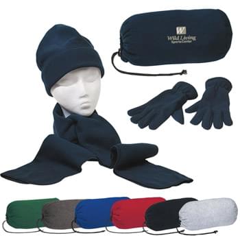 Keep Warm Buddy Set - Brushed Polyester Fleece | Scarf, Gloves And Cap In A Drawstring Bag
