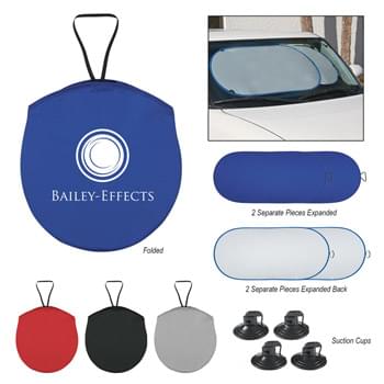 Collapsible Automobile Sun Shade - Made of Nylon, Silver Coated Material | Two Separate Panels, Each With Elastic Strap For Secure Storage | Matching Pouch | Four Rubber Suction Cups To Help Hold In Place | Hand Wash Recommended