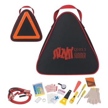 Auto Safety€ˆKit - Includes: Jumper Cables, Gloves, Tire Gauge, Ice Scraper, Flat Head/Phillips Head Screwdrivers, First Aid Kit, Poncho, SOS Banner, Flashlight And Emergency Cone | Reflective Tape On Backside | 2 AA Batteries Included