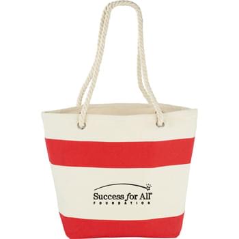 Capri Stripes Cotton Shopper Tote - Show your stripes with this sturdy nautical tote; perfect for the beach or getting around on the weekend. Open main compartment. Soft cotton rope handles and graphic silk screen print make this tote stand out. 10" handle drop height.