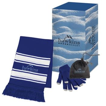 Winter Combo Set With Custom Box - Includes 1-Color/1-Location Imprint On #2950 Glove Pouch, 5K Stitches/1-Location Embroidery On #1015 Scarf And 4CP On Gift Box. | For Full Information And Applicable Extra Charges For The Item(s) Contained In This Set, Please Visit The Individual Product Pages Highlighted Below