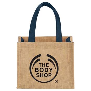 Mini Jute Gift Tote - Open main compartment. Double 12.5' handles. Disclaimer: Minimum of 32pt. font size. Bold artwork only. No fine graphics or text.