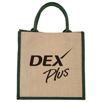 Medium Jute Gift Tote - Open main compartment with Velcro closure. Double 14' handles. Disclaimer: Minimum of 32pt. font size. Bold artwork only. No fine graphics or text.