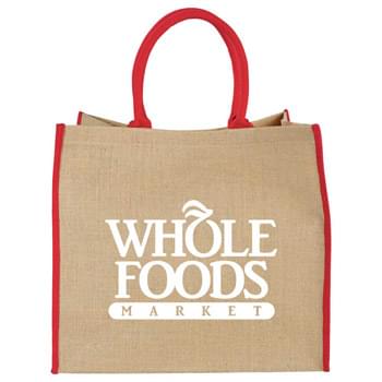 Large Jute Tote - Open main compartment with Velcro closure. Double 17' handles. Disclaimer: Minimum of 32pt. font size. Bold artwork only. No fine graphics or text.