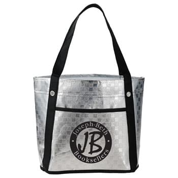 Metallic Mini Gift Tote - Metallic body with open main compartment. Front slash pocket. Eyelet accents on the base of the 16.5' grab handles.