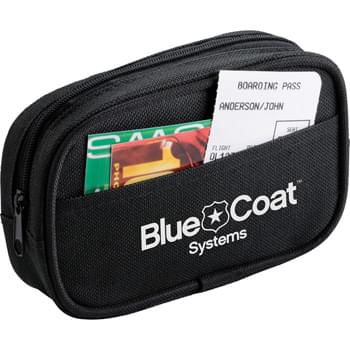 Personal Comfort Travel Kit - Zippered pouch  with open-top front pocket. Includes 2 soft foam earplugs, black eye mask and inflatable soft-touch neck pillow.