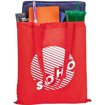 100% Cotton Tote - Slim design perfect for conventions and tradeshows. Open main cotton compartment with double 29" reinforced handles. Reusable and a great alternative to plastic bags.